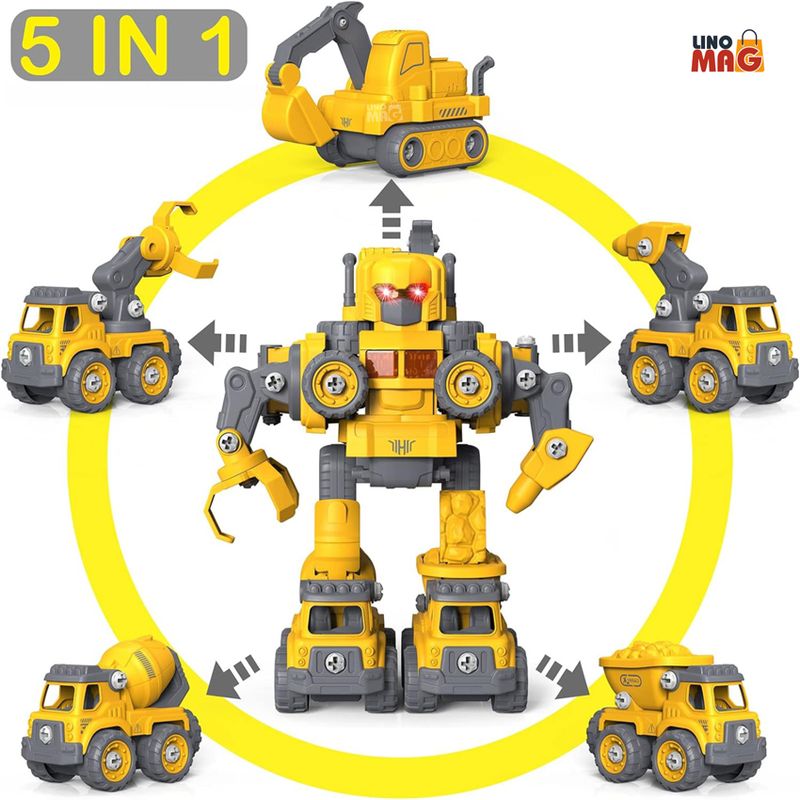 Jucarii, Copii si Bebe - Jucarii si jocuri - Vehicule si jucarii cu telecomanda - Roboti de jucarie - Robot Transformer 5 in 1 Constructii Linomag®, utilaje, surubelnita inclusa, +3 ani, galben, 29x15.7x23cm - Infinity.ro