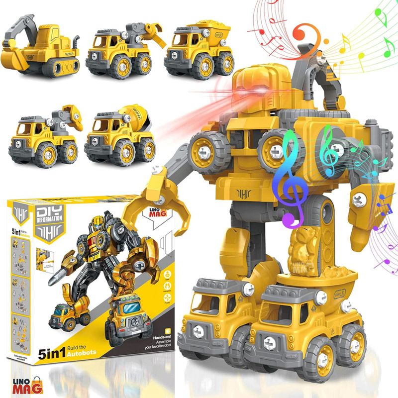 Jucarii, Copii si Bebe - Jucarii si jocuri - Vehicule si jucarii cu telecomanda - Roboti de jucarie - Robot Transformer 5 in 1 Constructii Linomag®, utilaje, surubelnita inclusa, +3 ani, galben, 29x15.7x23cm - Infinity.ro