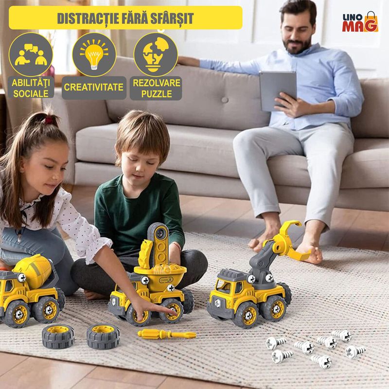 Jucarii, Copii si Bebe - Jucarii si jocuri - Vehicule si jucarii cu telecomanda - Roboti de jucarie - Robot Transformer 5 in 1 Constructii Linomag®, utilaje, surubelnita inclusa, +3 ani, galben, 29x15.7x23cm - Infinity.ro
