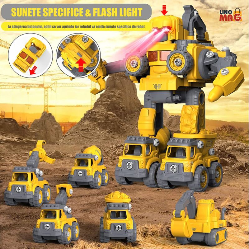 Jucarii, Copii si Bebe - Jucarii si jocuri - Vehicule si jucarii cu telecomanda - Roboti de jucarie - Robot Transformer 5 in 1 Constructii Linomag®, utilaje, surubelnita inclusa, +3 ani, galben, 29x15.7x23cm - Infinity.ro