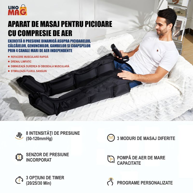 Ingrijire personala si Cosmetice - Sanatate si wellness - Articole wellness - Aparate si dispozitive de masaj - Aparat masaj picioare Linomag®, presopunctura, drenaj, 8 camere aer, 8 intensitati, 3 moduri, relaxare - Infinity.ro