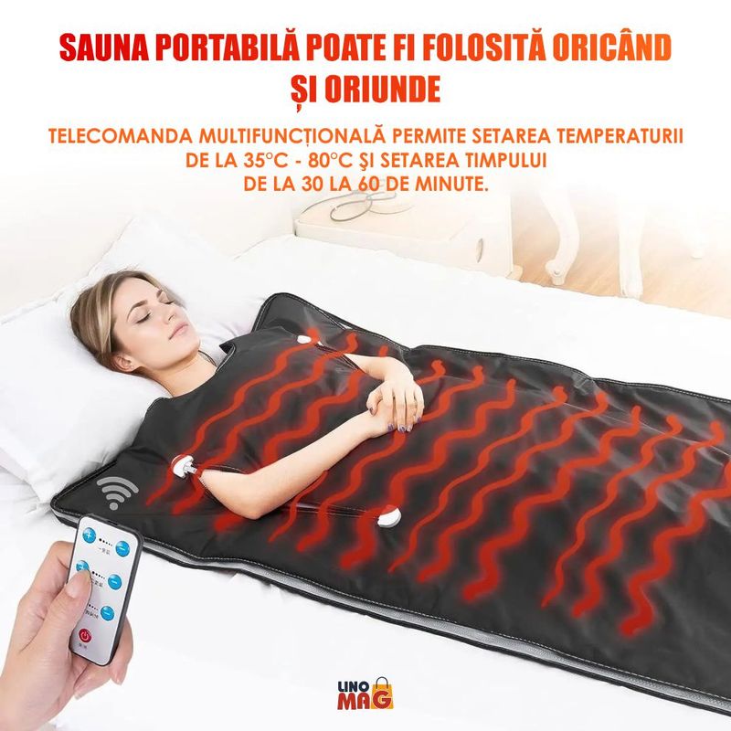 Ingrijire personala si Cosmetice - Sanatate si wellness - Articole wellness - Incalzitoare corporale - Termocuverta Sauna 2 Zone Infrarosu LINOMAG®, 10 folii, Detox, Ardere grasimi, 35-80°C, 180x80cm, Negru - Infinity.ro