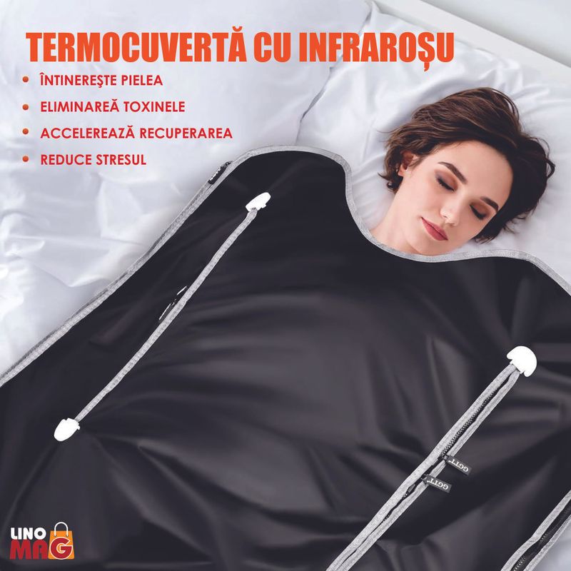 Ingrijire personala si Cosmetice - Sanatate si wellness - Articole wellness - Incalzitoare corporale - Termocuverta Sauna 2 Zone Infrarosu LINOMAG®, 10 folii, Detox, Ardere grasimi, 35-80°C, 180x80cm, Negru - Infinity.ro