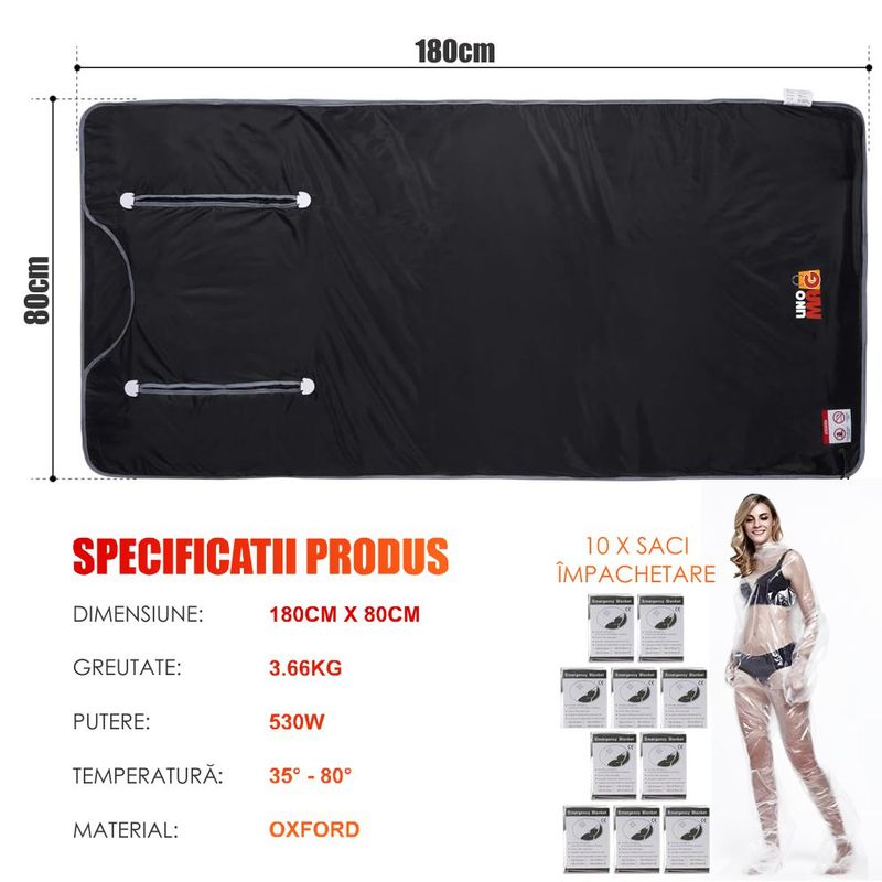 Ingrijire personala si Cosmetice - Sanatate si wellness - Articole wellness - Incalzitoare corporale - Termocuverta Sauna 2 Zone Infrarosu LINOMAG®, 10 folii, Detox, Ardere grasimi, 35-80°C, 180x80cm, Negru - Infinity.ro