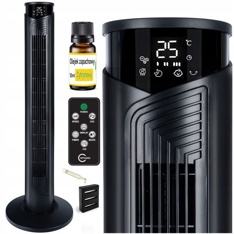 Electronice si Electrocasnice - Climatizare si sisteme de incalzire - Aparate racire aer - Ventilatoare - Ventilator turn Carruzzo cu telecomanda, 45 W, temporizator, rezervor pentru uleiuri aromate cu ulei inclus, negru - Infinity.ro