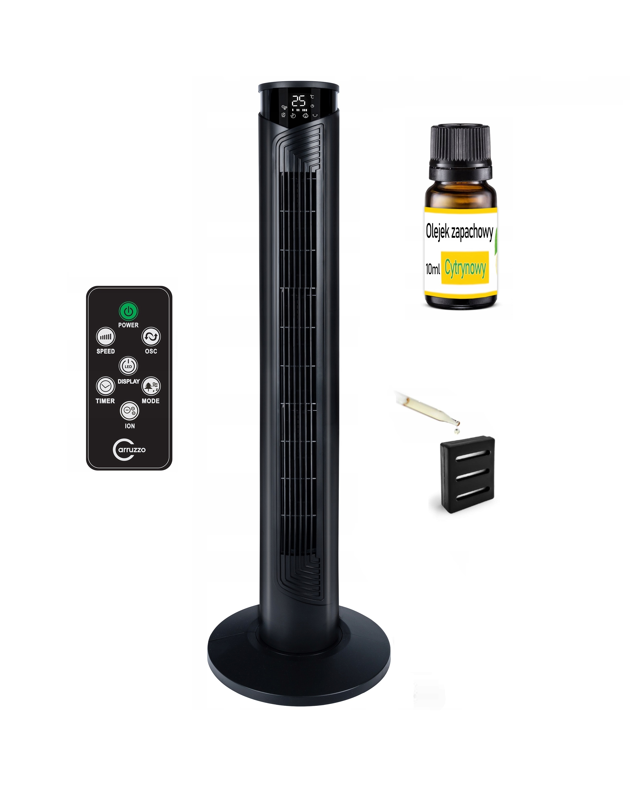 Ventilator turn Carruzzo cu telecomanda, 45 W, temporizator, rezervor pentru uleiuri aromate cu ulei inclus, negru