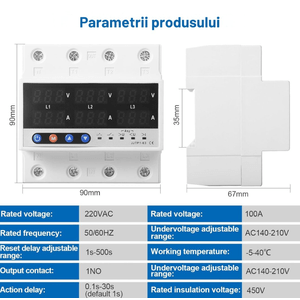 Releu protectie trifazat NeoHGS, subtensiune, supratensiune, voltmetru, ampermetru, 380, DIN 3P+N, 63A, 3x230 V,