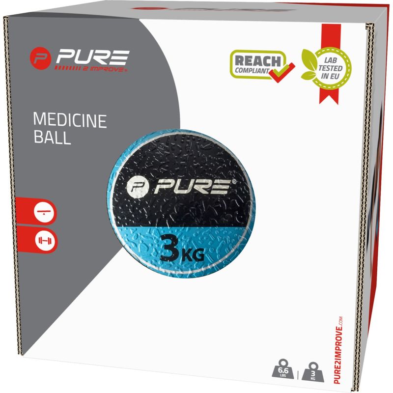 Sport si Outdoor - Fitness - Accesorii fitness - Mingi de fitness - Minge medicinala 3 kg Pure 2 Improve – Albastru/Negru, din cauciuc, pentru antrenamente functionale - Infinity.ro