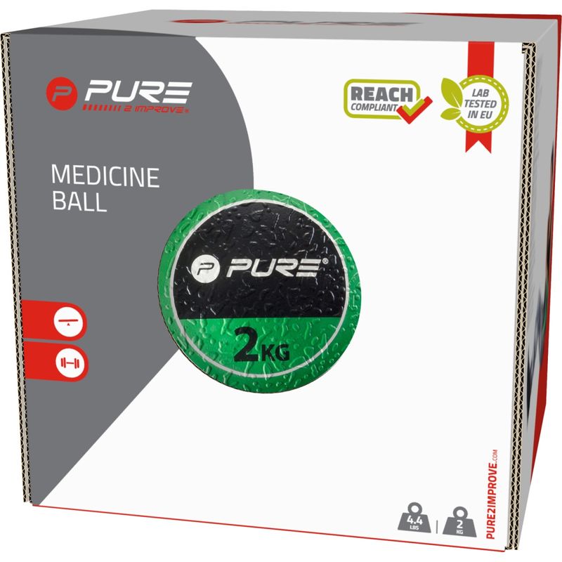 Sport si Outdoor - Fitness - Accesorii fitness - Mingi de fitness - Minge medicinala 2 kg Pure 2 Improve – Verde/Negru, din cauciuc, pentru antrenamente functionale - Infinity.ro
