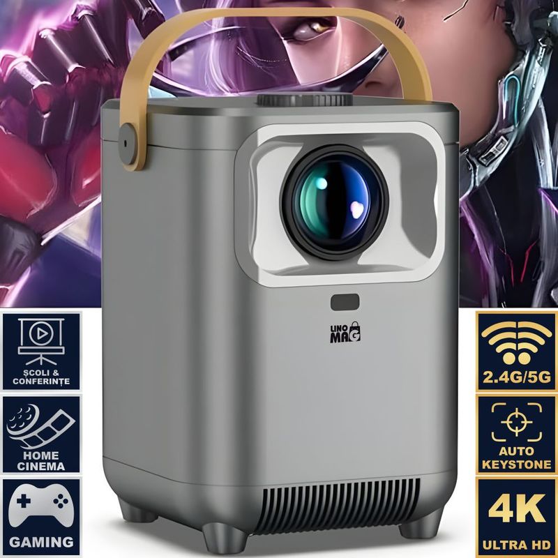 TV, Audio-Video si Foto - Videoproiectoare si accesorii - Videoproiectoare - VideoProiector Smart Portabil 4K UHD, Linomag®, WiFi, Bluetooth 5.0, Ecran de pana la 200", Android TV, Boxe 5W, Gri - Infinity.ro