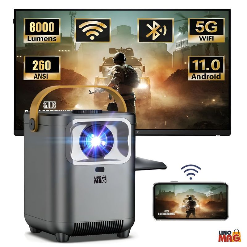 TV, Audio-Video si Foto - Videoproiectoare si accesorii - Videoproiectoare - VideoProiector Smart Portabil 4K UHD, Linomag®, WiFi, Bluetooth 5.0, Ecran de pana la 200", Android TV, Boxe 5W, Gri - Infinity.ro