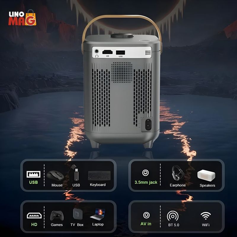TV, Audio-Video si Foto - Videoproiectoare si accesorii - Videoproiectoare - VideoProiector Smart Portabil 4K UHD, Linomag®, WiFi, Bluetooth 5.0, Ecran de pana la 200", Android TV, Boxe 5W, Gri - Infinity.ro