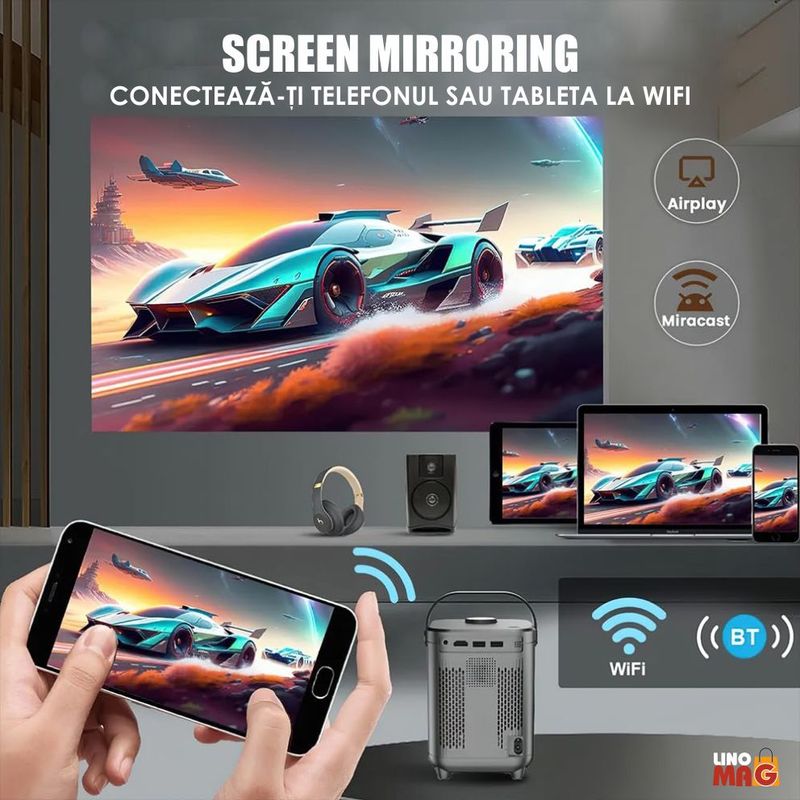 TV, Audio-Video si Foto - Videoproiectoare si accesorii - Videoproiectoare - VideoProiector Smart Portabil 4K UHD, Linomag®, WiFi, Bluetooth 5.0, Ecran de pana la 200", Android TV, Boxe 5W, Gri - Infinity.ro