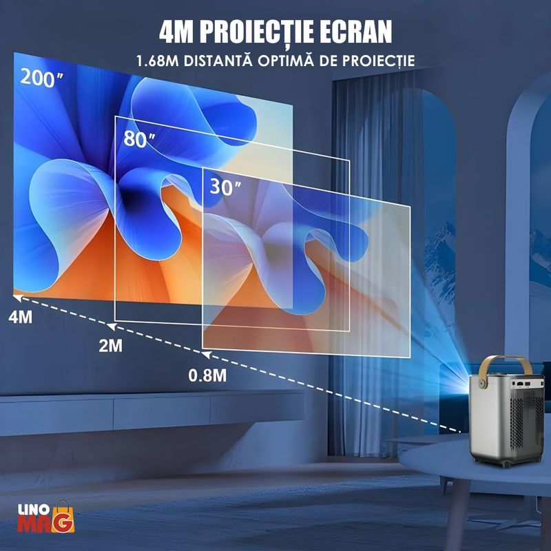 TV, Audio-Video si Foto - Videoproiectoare si accesorii - Videoproiectoare - VideoProiector Smart Portabil 4K UHD, Linomag®, WiFi, Bluetooth 5.0, Ecran de pana la 200", Android TV, Boxe 5W, Gri - Infinity.ro