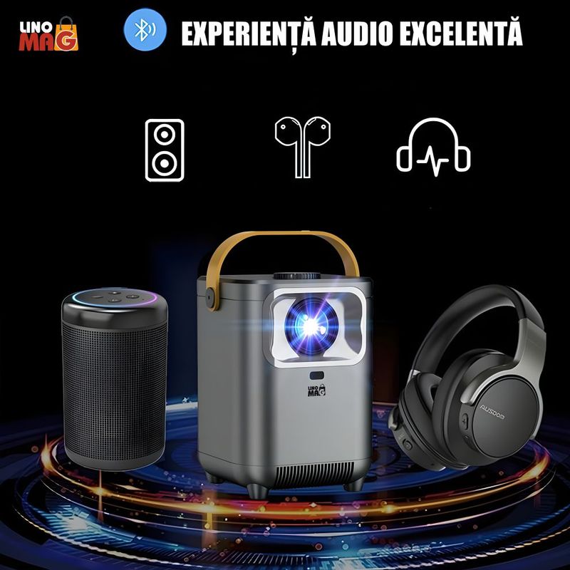 TV, Audio-Video si Foto - Videoproiectoare si accesorii - Videoproiectoare - VideoProiector Smart Portabil 4K UHD, Linomag®, WiFi, Bluetooth 5.0, Ecran de pana la 200", Android TV, Boxe 5W, Gri - Infinity.ro