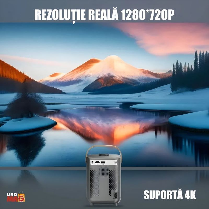 TV, Audio-Video si Foto - Videoproiectoare si accesorii - Videoproiectoare - VideoProiector Smart Portabil 4K UHD, Linomag®, WiFi, Bluetooth 5.0, Ecran de pana la 200", Android TV, Boxe 5W, Gri - Infinity.ro