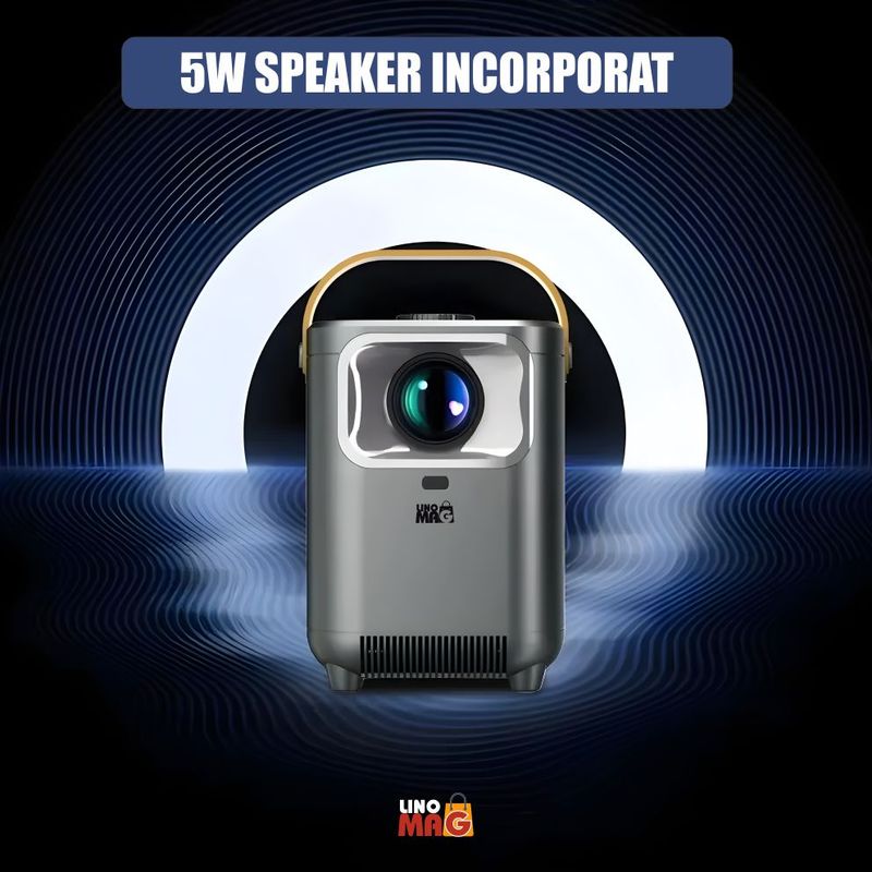 TV, Audio-Video si Foto - Videoproiectoare si accesorii - Videoproiectoare - VideoProiector Smart Portabil 4K UHD, Linomag®, WiFi, Bluetooth 5.0, Ecran de pana la 200", Android TV, Boxe 5W, Gri - Infinity.ro