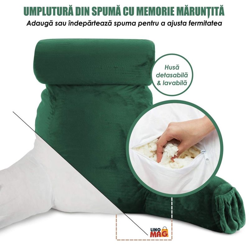 Casa si Gradina - Textile si covoare - Perne si pilote - Perne - Perna pentru Citit cu Cotiere, Suport pentru Cap/Gat Detasabil, Linomag®, 2 x Buzunare Laterale, Verde, 91.5x75cm - Infinity.ro