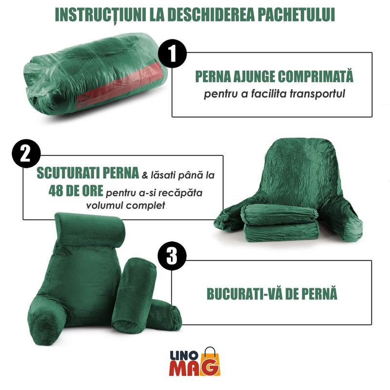 Casa si Gradina - Textile si covoare - Perne si pilote - Perne - Perna pentru Citit cu Cotiere, Suport pentru Cap/Gat Detasabil, Linomag®, 2 x Buzunare Laterale, Verde, 91.5x75cm - Infinity.ro