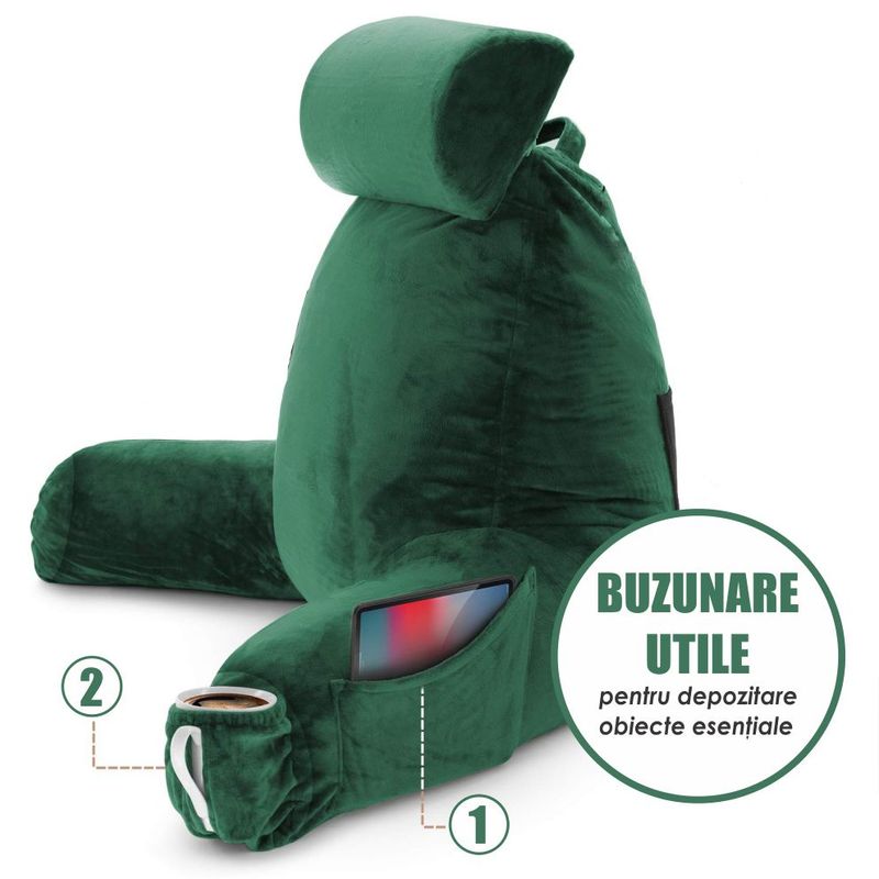 Casa si Gradina - Textile si covoare - Perne si pilote - Perne - Perna pentru Citit cu Cotiere, Suport pentru Cap/Gat Detasabil, Linomag®, 2 x Buzunare Laterale, Verde, 91.5x75cm - Infinity.ro