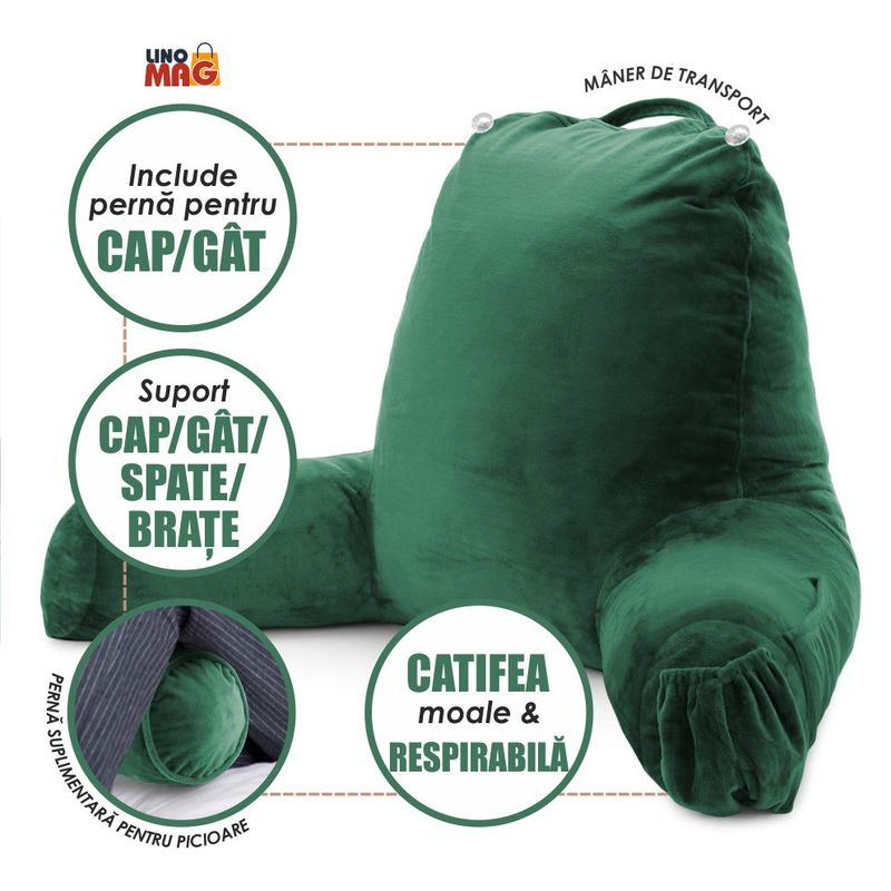 Casa si Gradina - Textile si covoare - Perne si pilote - Perne - Perna pentru Citit cu Cotiere, Suport pentru Cap/Gat Detasabil, Linomag®, 2 x Buzunare Laterale, Verde, 91.5x75cm - Infinity.ro