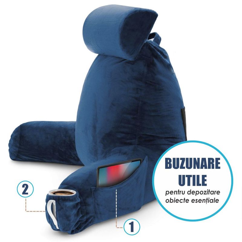 Casa si Gradina - Textile si covoare - Perne si pilote - Perne - Perna pentru Citit cu Cotiere, Suport pentru Cap/Gat Detasabil, Linomag®, 2 x Buzunare Laterale, Albastru, 91.5x75cm - Infinity.ro