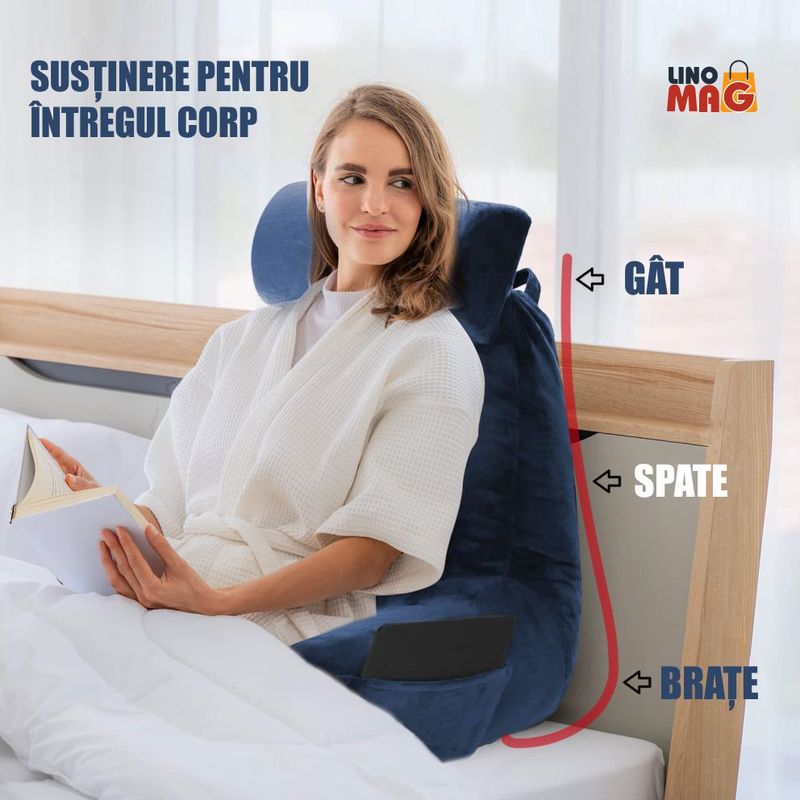Casa si Gradina - Textile si covoare - Perne si pilote - Perne - Perna pentru Citit cu Cotiere, Suport pentru Cap/Gat Detasabil, Linomag®, 2 x Buzunare Laterale, Albastru, 91.5x75cm - Infinity.ro