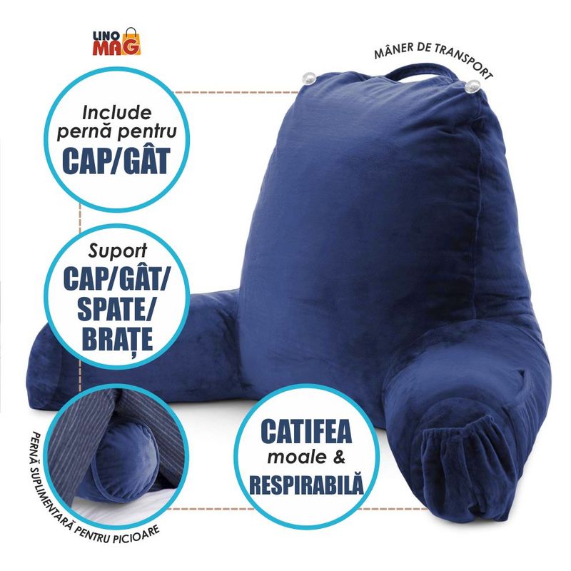 Casa si Gradina - Textile si covoare - Perne si pilote - Perne - Perna pentru Citit cu Cotiere, Suport pentru Cap/Gat Detasabil, Linomag®, 2 x Buzunare Laterale, Albastru, 91.5x75cm - Infinity.ro