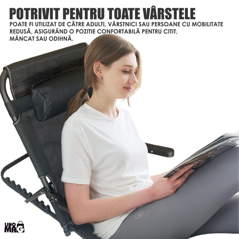 Ingrijire personala si Cosmetice - Sanatate si wellness - Aparate medicale - Suporturi ortopedice si orteze - Suport spate pliabil Linomag®, 7 nivele inclinare, cotiere, perna ergonomica, portabil, Negru mat - Infinity.ro