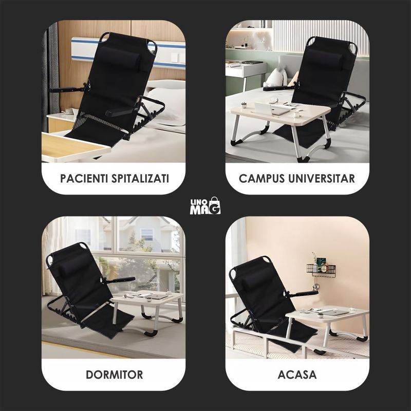 Ingrijire personala si Cosmetice - Sanatate si wellness - Aparate medicale - Suporturi ortopedice si orteze - Suport spate pliabil Linomag®, 7 nivele inclinare, cotiere, perna ergonomica, portabil, Negru mat - Infinity.ro