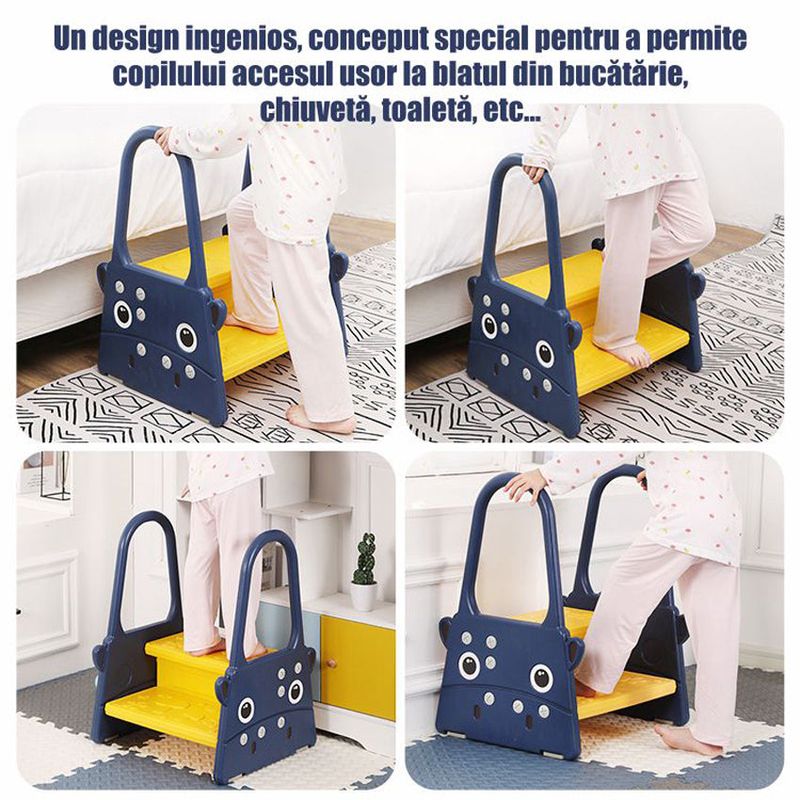 Jucarii, Copii si Bebe - Igiena si ingrijire - Baia bebelusului - Olite si reductoare WC - Scaunel Inaltator Copii tip scara cu manere, 2 trepte, antialunecare, WC, baie, bucatarie, Albastru/Galben - Infinity.ro