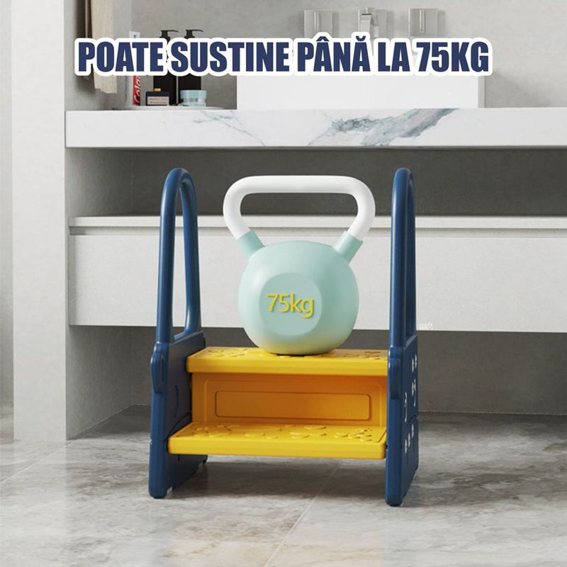 Jucarii, Copii si Bebe - Igiena si ingrijire - Baia bebelusului - Olite si reductoare WC - Scaunel Inaltator Copii tip scara cu manere, 2 trepte, antialunecare, WC, baie, bucatarie, Albastru/Galben - Infinity.ro