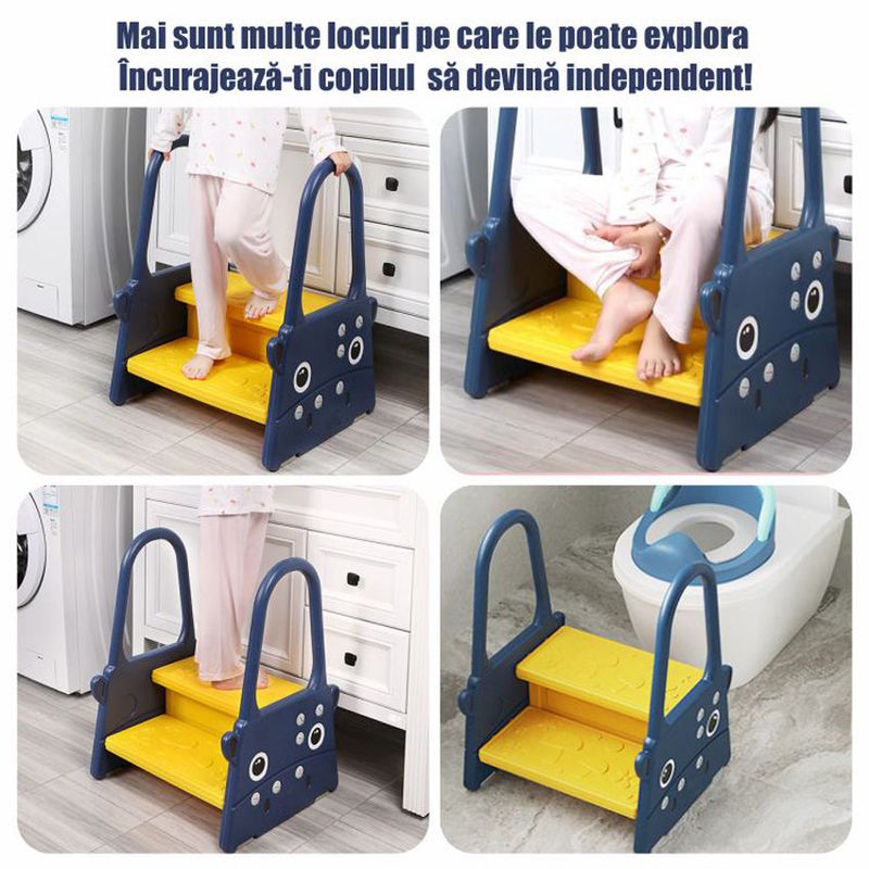 Jucarii, Copii si Bebe - Igiena si ingrijire - Baia bebelusului - Olite si reductoare WC - Scaunel Inaltator Copii tip scara cu manere, 2 trepte, antialunecare, WC, baie, bucatarie, Albastru/Galben - Infinity.ro