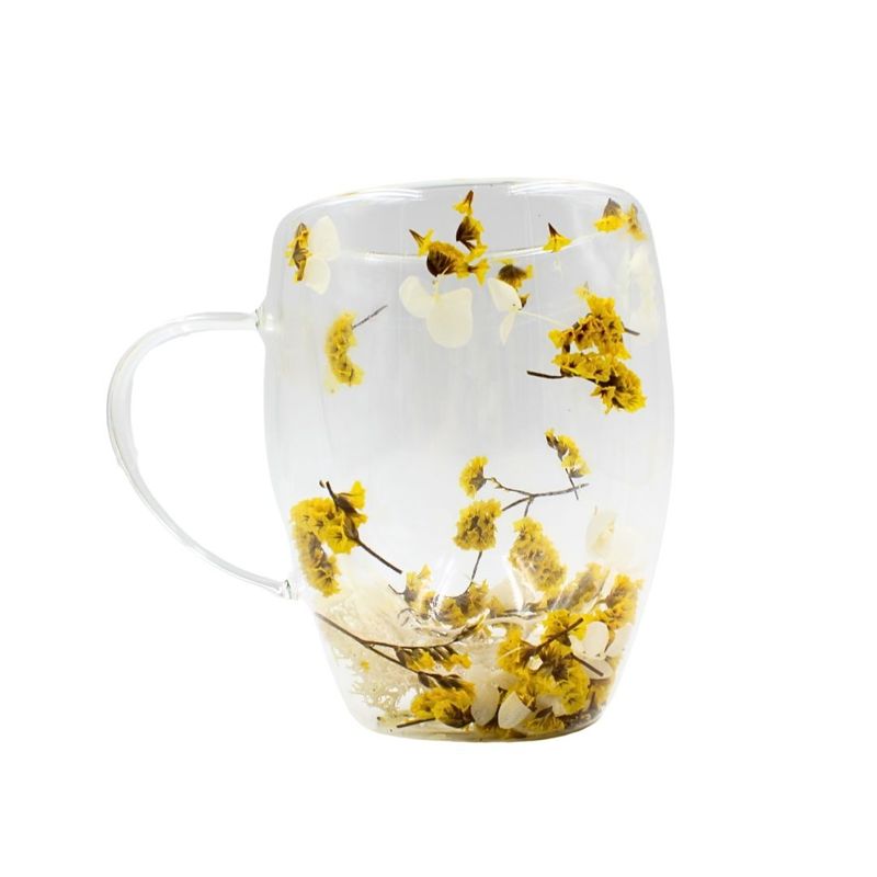 Casa si Gradina - Bucatarie si vesela - Cani si pahare - Cani si cesti - Cana cu flori uscate statice yellow, pereti dubli, sticla borosilicata, 350 ml, SZK103 - Infinity.ro