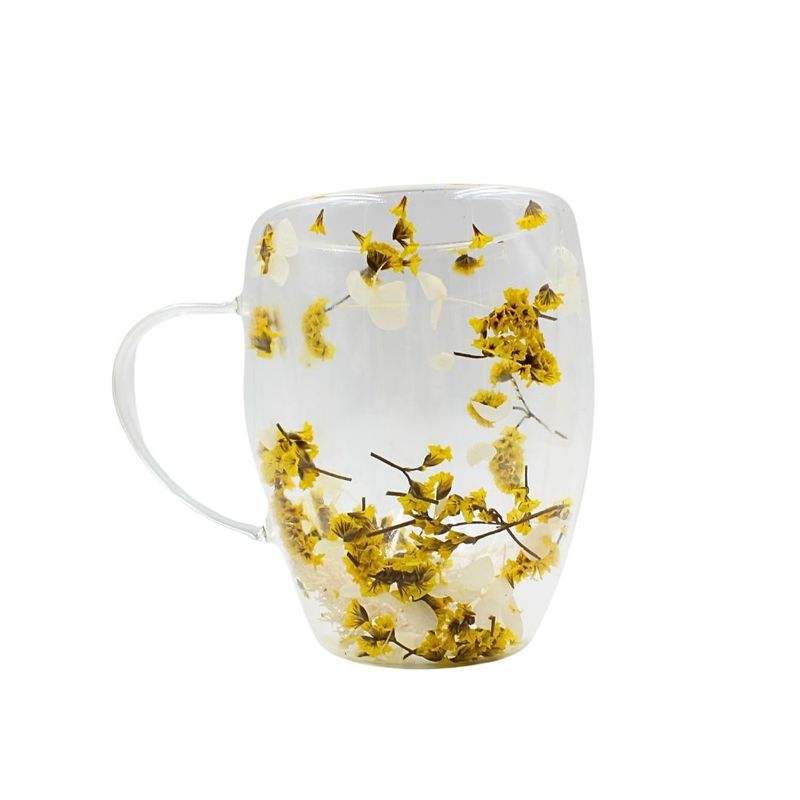 Casa si Gradina - Bucatarie si vesela - Cani si pahare - Cani si cesti - Cana cu flori uscate statice yellow, pereti dubli, sticla borosilicata, 350 ml, SZK103 - Infinity.ro