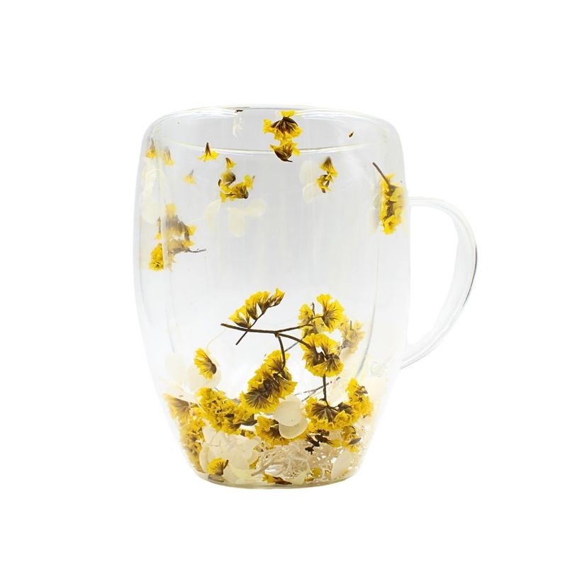 Casa si Gradina - Bucatarie si vesela - Cani si pahare - Cani si cesti - Cana cu flori uscate statice yellow, pereti dubli, sticla borosilicata, 350 ml, SZK103 - Infinity.ro