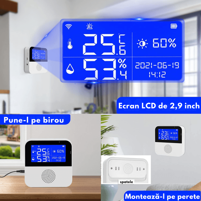 Casa si Gradina - Electrice - Smart Home - Centrale si module smart home - Senzor Temperatura / Umiditate WiFi Inteligent, Sonda Externa, Ecran LCD 2.9", Tuya/Smart Life/Alexa/Google Assistant - Infinity.ro