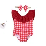 Fashion, accesorii si bijuterii - Copii - Lenjerie si pijamale copii - Costume de baie copii - Costum de baie cu patratele rosii si bentita, marime 120 - Infinity.ro