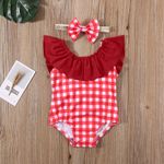 Fashion, accesorii si bijuterii - Copii - Lenjerie si pijamale copii - Costume de baie copii - Costum de baie cu patratele rosii si bentita, marime 120 - Infinity.ro
