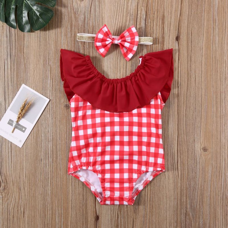 Fashion, accesorii si bijuterii - Copii - Lenjerie si pijamale copii - Costume de baie copii - Costum de baie cu patratele rosii si bentita, marime 120 - Infinity.ro
