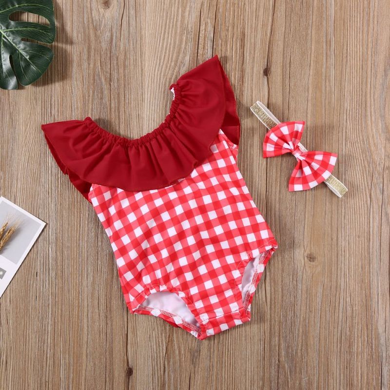 Fashion, accesorii si bijuterii - Copii - Lenjerie si pijamale copii - Costume de baie copii - Costum de baie cu patratele rosii si bentita, marime 120 - Infinity.ro