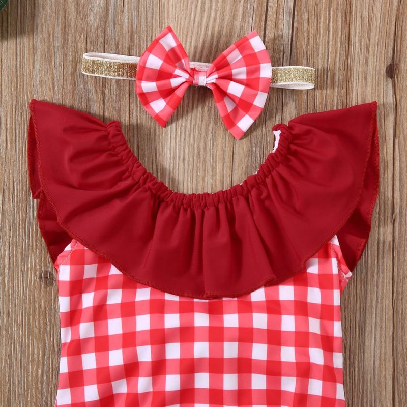 Fashion, accesorii si bijuterii - Copii - Lenjerie si pijamale copii - Costume de baie copii - Costum de baie cu patratele rosii si bentita, marime 120 - Infinity.ro