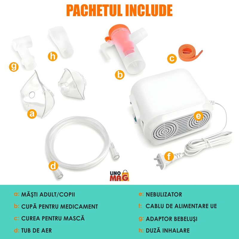 Jucarii, Copii si Bebe - Igiena si ingrijire - Accesorii ingrijire copii - Aparate aerosoli copii - Aparat Aerosoli Profesional Linomag®, Masca Copii si Adulti, Adaptor Bebelusi, 3 Moduri de Nebulizare, , Silentios, Alb - Infinity.ro