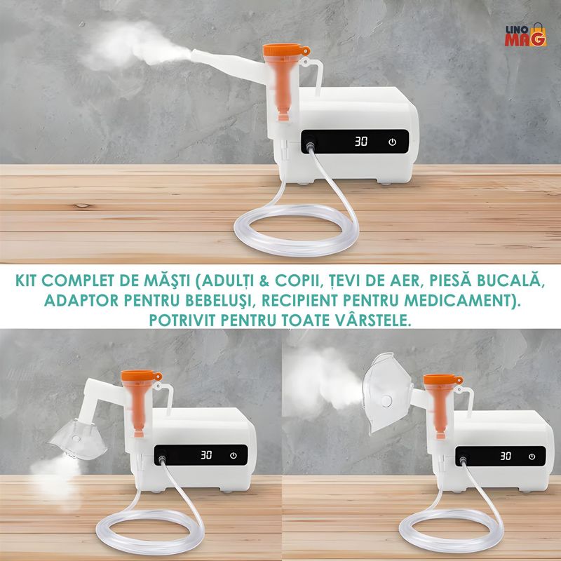 Jucarii, Copii si Bebe - Igiena si ingrijire - Accesorii ingrijire copii - Aparate aerosoli copii - Aparat Aerosoli Profesional Linomag®, Masca Copii si Adulti, Adaptor Bebelusi, 3 Moduri de Nebulizare, , Silentios, Alb - Infinity.ro