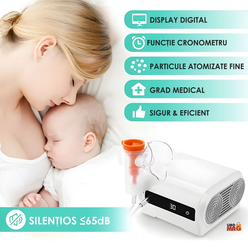 Jucarii, Copii si Bebe - Igiena si ingrijire - Accesorii ingrijire copii - Aparate aerosoli copii - Aparat Aerosoli Profesional Linomag®, Masca Copii si Adulti, Adaptor Bebelusi, 3 Moduri de Nebulizare, , Silentios, Alb - Infinity.ro