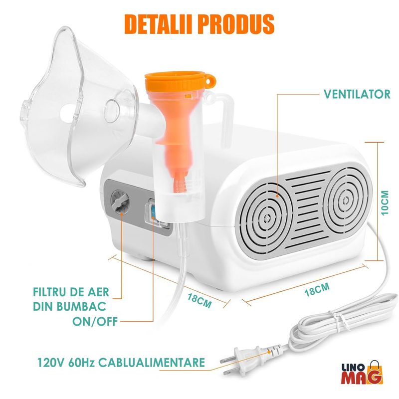 Jucarii, Copii si Bebe - Igiena si ingrijire - Accesorii ingrijire copii - Aparate aerosoli copii - Aparat Aerosoli Profesional Linomag®, Masca Copii si Adulti, Adaptor Bebelusi, 3 Moduri de Nebulizare, , Silentios, Alb - Infinity.ro