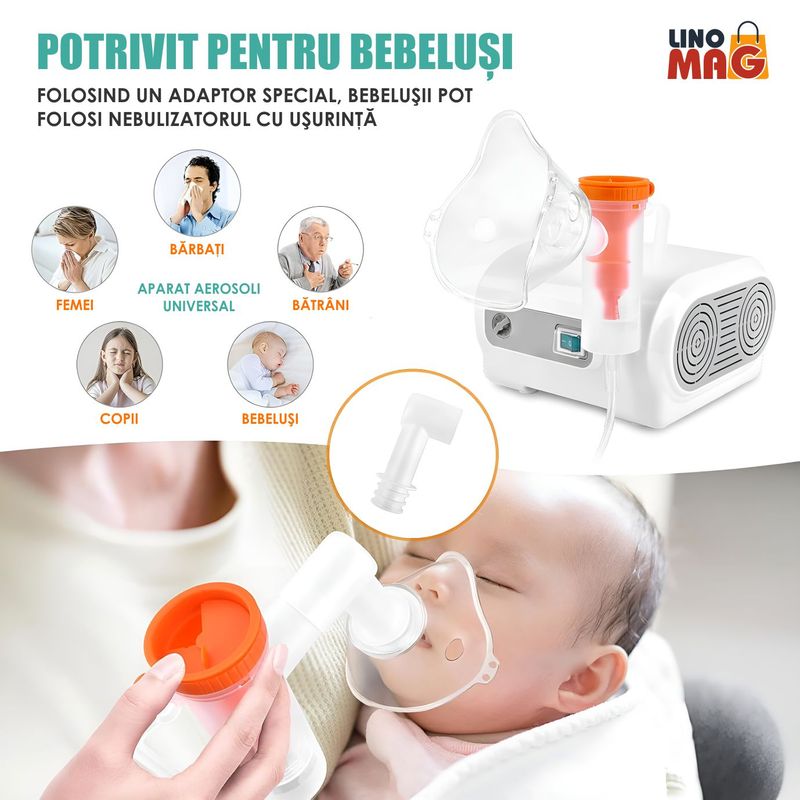 Jucarii, Copii si Bebe - Igiena si ingrijire - Accesorii ingrijire copii - Aparate aerosoli copii - Aparat Aerosoli Profesional Linomag®, Masca Copii si Adulti, Adaptor Bebelusi, 3 Moduri de Nebulizare, , Silentios, Alb - Infinity.ro