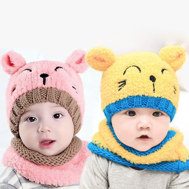 Fashion, accesorii si bijuterii - Copii - Accesorii copii - Caciuli si palarii copii - Set caciula si fular de iarna pentru copii, Model pisica, 6-24 luni - Roz - Infinity.ro