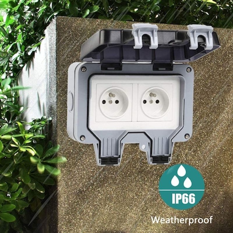 Casa si Gradina - Electrice - Prize - Priza dubla IP66, De exterior, Policarbonat, Impermeabila, Gri/Alb - Infinity.ro