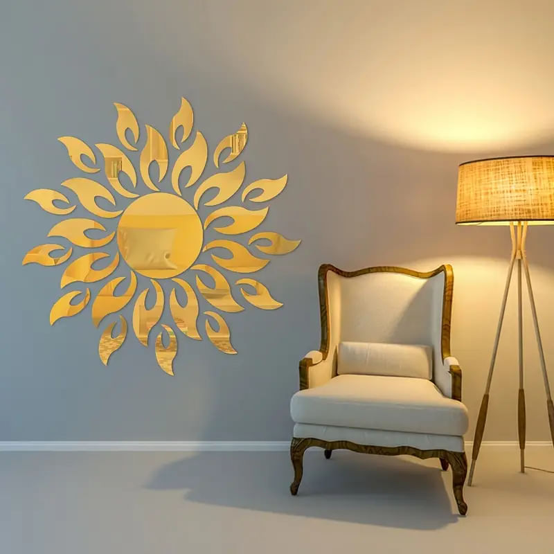 Casa si Gradina - Decoratiuni - Oglinzi - Set 27 Oglinzi Acrilice din PVC, Autoadezive pentru Decorare, Soare cu 26 de Raze, Auriu - Infinity.ro